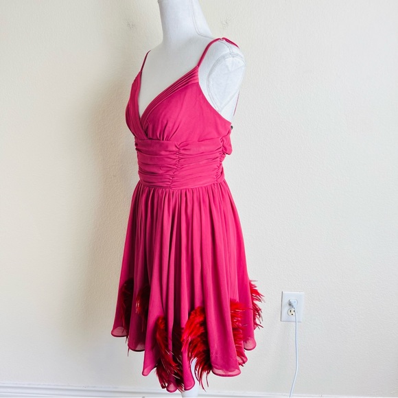 Twelve By Twelve Pink Mauve Ruched Feather Embellished Fit & Flare Chiffon Dress - Picture 2 of 10